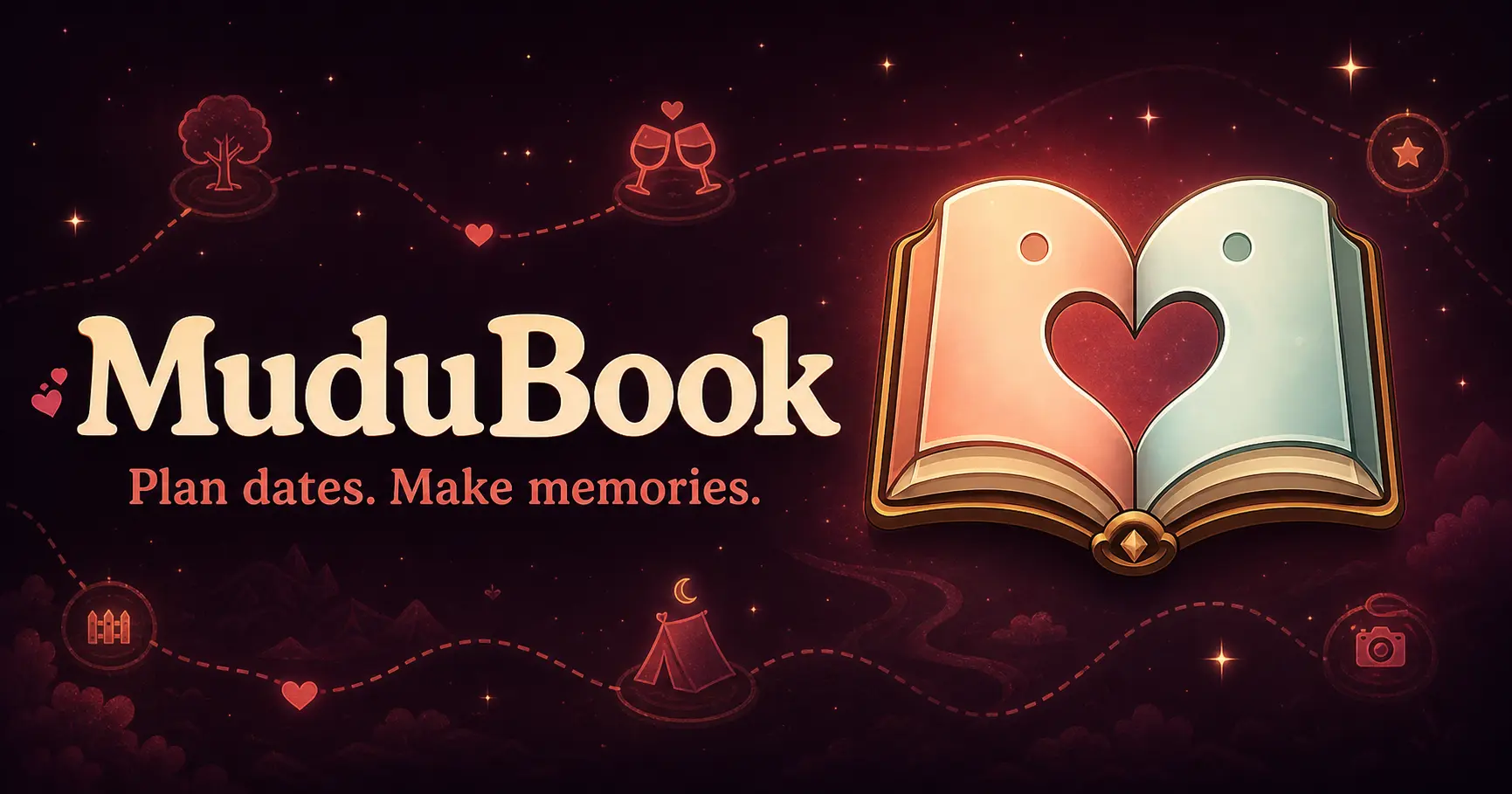 MuduBook. Plan dates. Make memories. A dreamy illustrated quest map surrounds an open book shaped like two people and a heart.